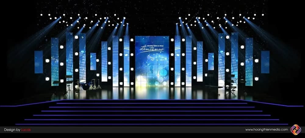 Concert stage production with LED panels, truss lighting rig and tiered stage — event production by SatAns Production